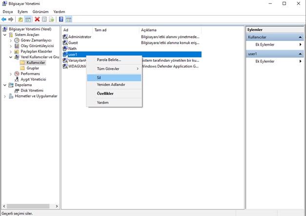 windows hesap silme