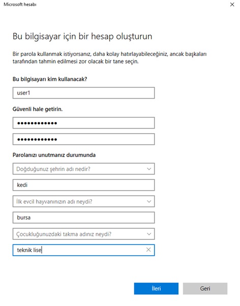 windows hesap oluşturma