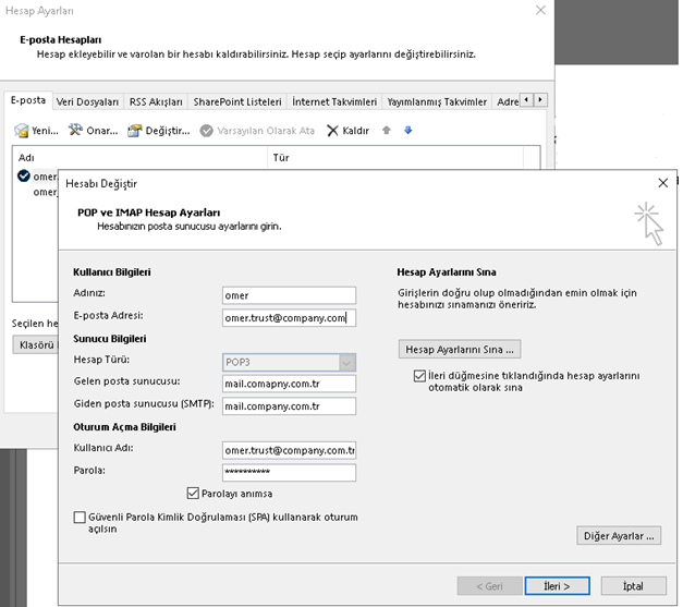 outlook ayarları