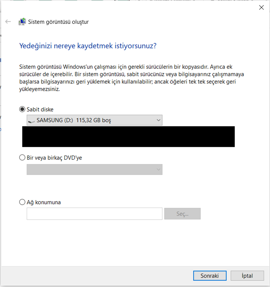 windows 10 sistem görüntüsü oluşturma