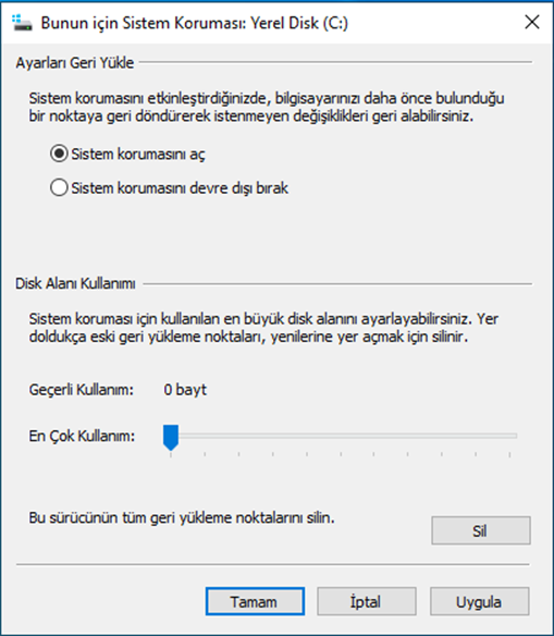 Windows 10 için Geri Yükleme Noktası Oluşturma